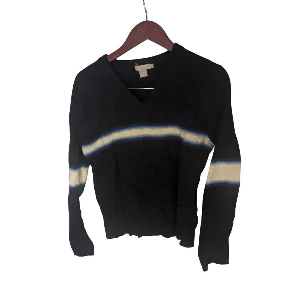 Vintage 90s Y2K J. Crew Lambswool Wool V Neck Navy Indigo Stripe Pullover Sweate